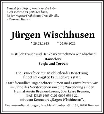 Traueranzeige von Jürgen Wischhusen