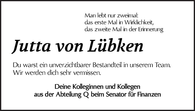  Traueranzeige für Jutta von Lübken vom 26.06.2021 aus WESER-KURIER