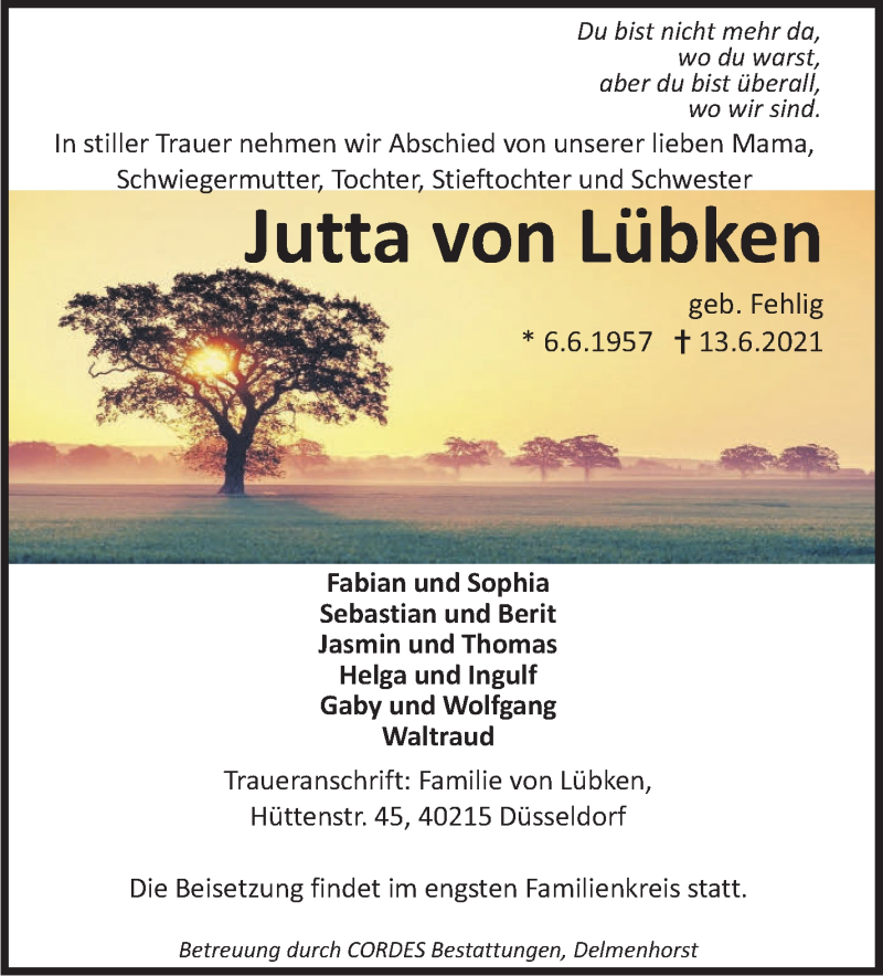  Traueranzeige für Jutta von Lübken vom 17.06.2021 aus WESER-KURIER