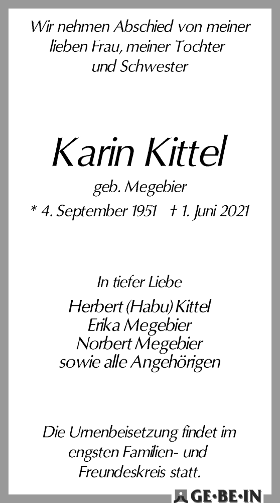  Traueranzeige für Karin Kittel vom 12.06.2021 aus WESER-KURIER