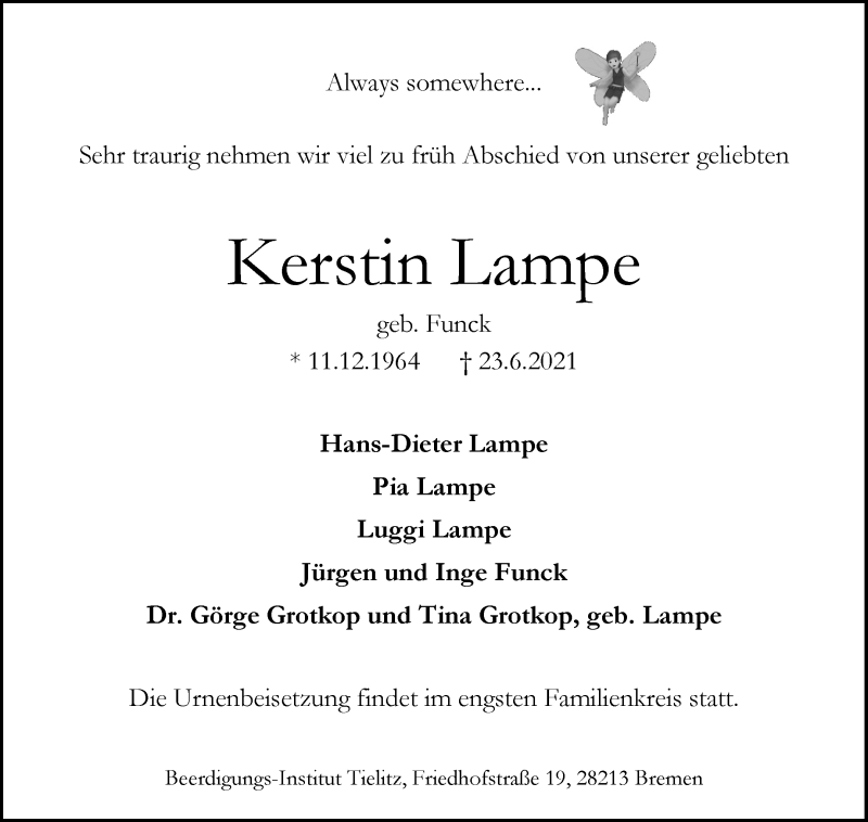  Traueranzeige für Kerstin Lampe vom 26.06.2021 aus WESER-KURIER