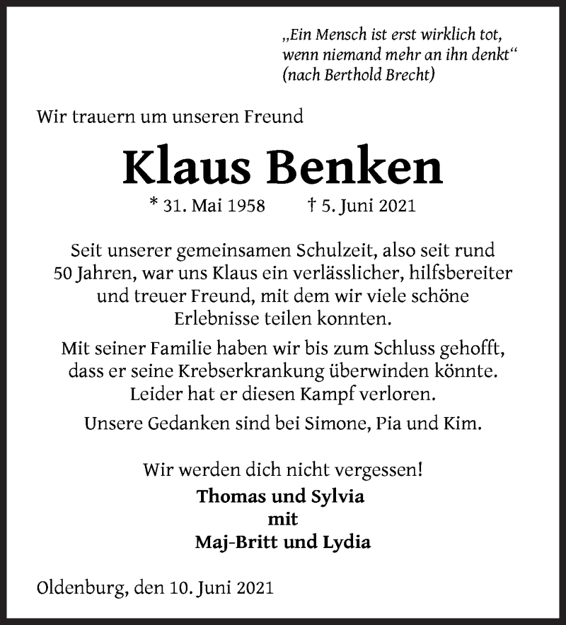  Traueranzeige für Klaus Benken vom 10.06.2021 aus WESER-KURIER