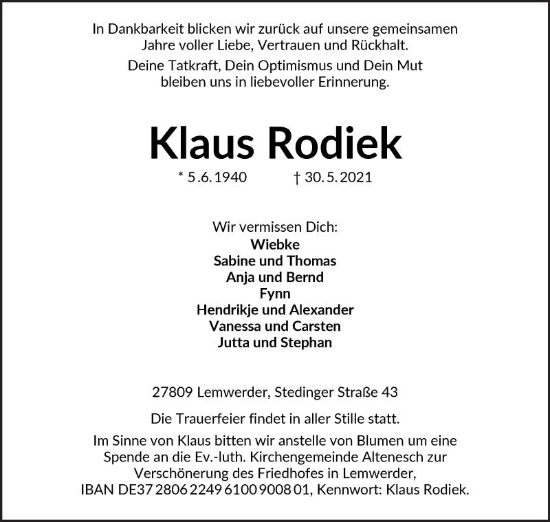  Traueranzeige für Klaus Rodiek vom 02.06.2021 aus Die Norddeutsche