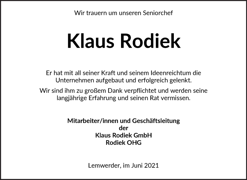  Traueranzeige für Klaus Rodiek vom 02.06.2021 aus Die Norddeutsche