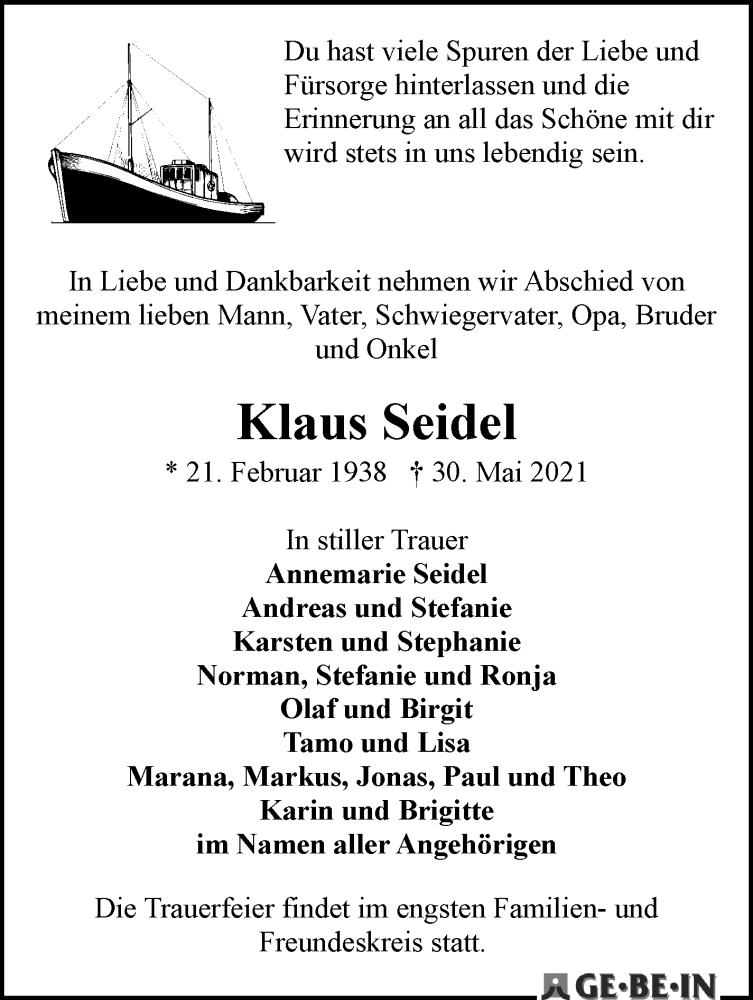  Traueranzeige für Klaus Seidel vom 05.06.2021 aus WESER-KURIER