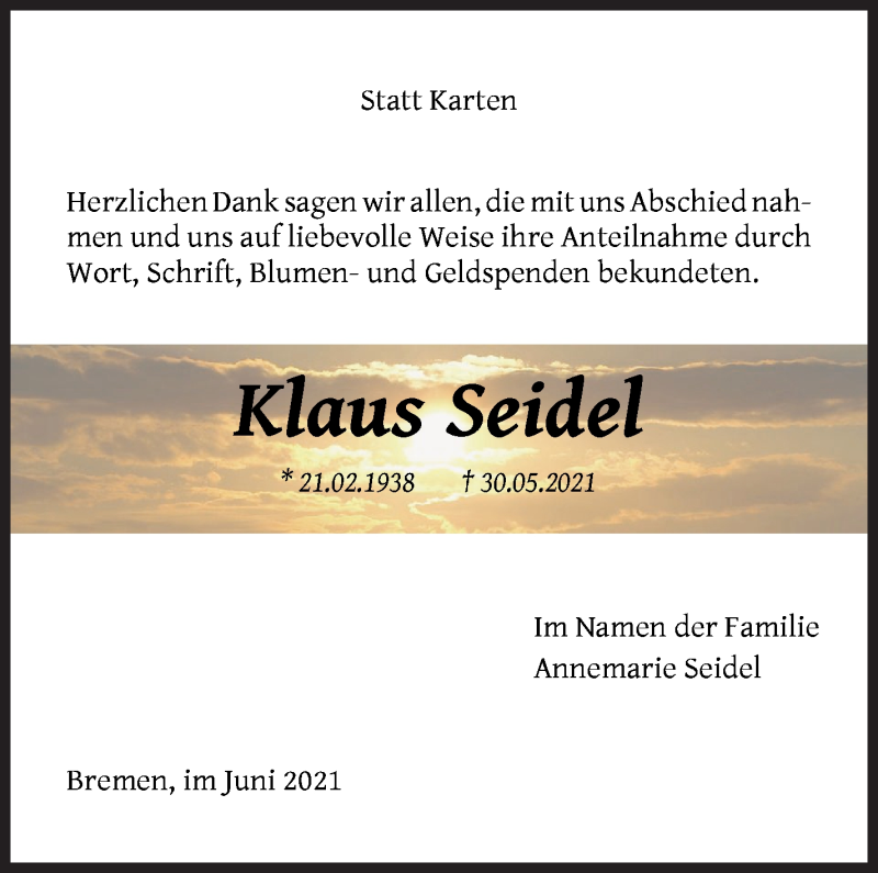 Traueranzeige für Klaus Seidel vom 26.06.2021 aus WESER-KURIER
