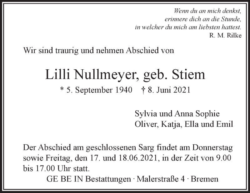  Traueranzeige für Lilli Nullmeyer vom 12.06.2021 aus WESER-KURIER