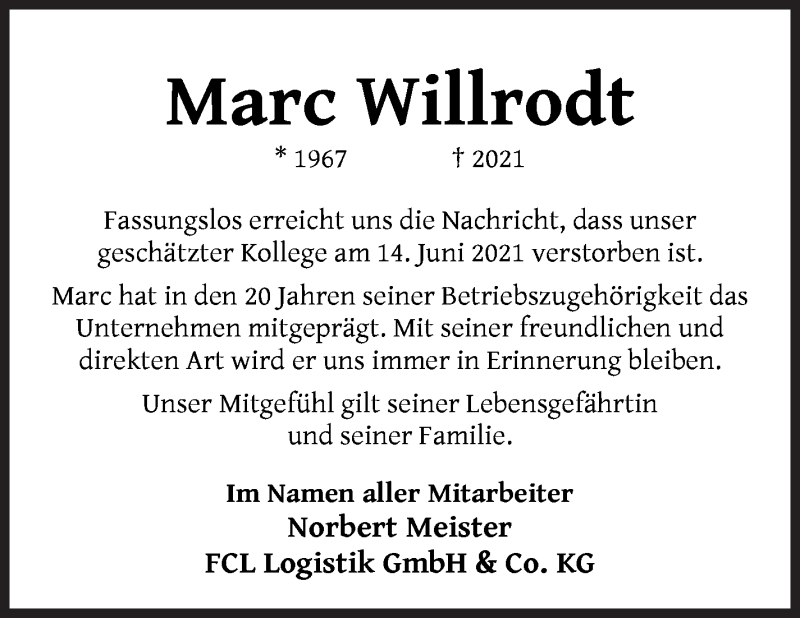 Traueranzeige für Marc Willrodt vom 26.06.2021 aus WESER-KURIER
