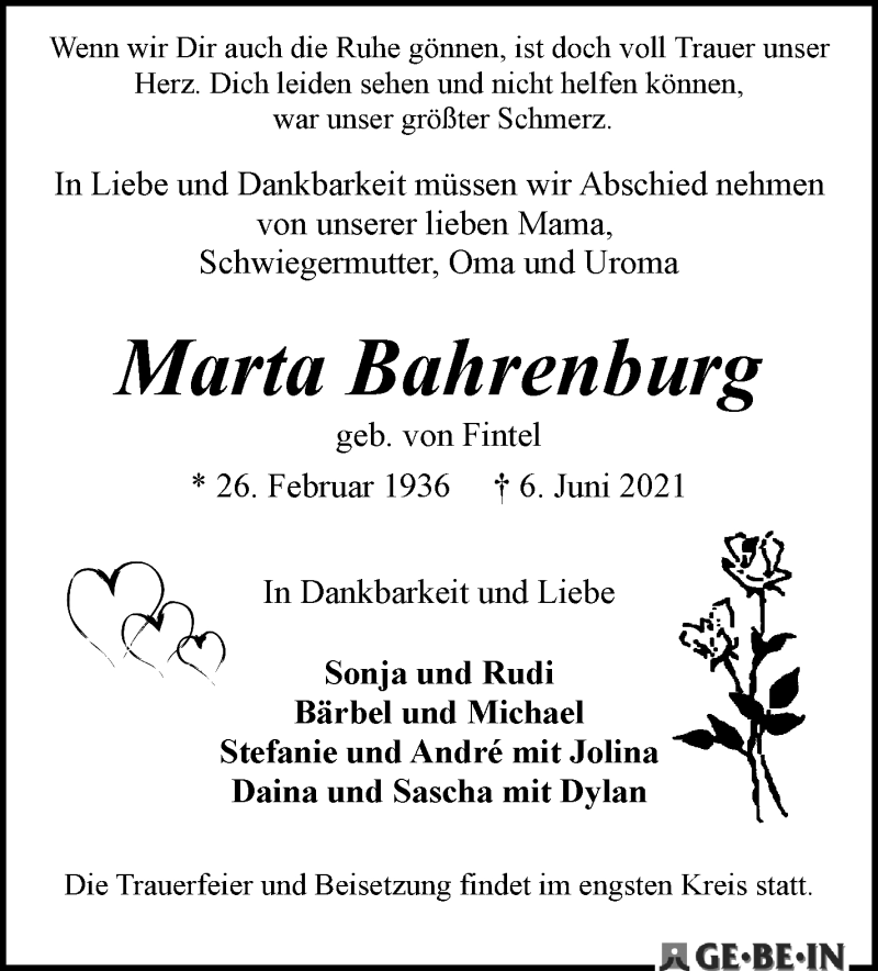 Traueranzeige für Marta Bahrenburg vom 12.06.2021 aus WESER-KURIER