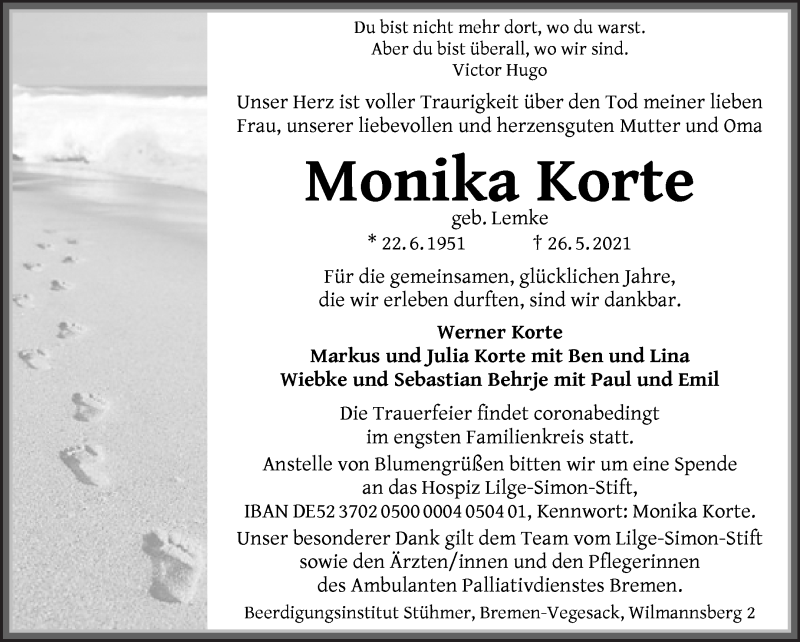  Traueranzeige für Monika Korte vom 05.06.2021 aus Die Norddeutsche