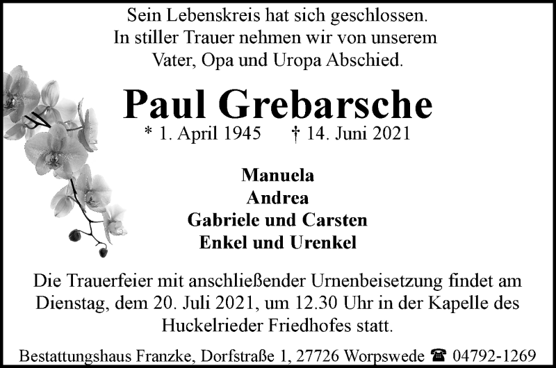  Traueranzeige für Paul Grebarsche vom 29.06.2021 aus WESER-KURIER