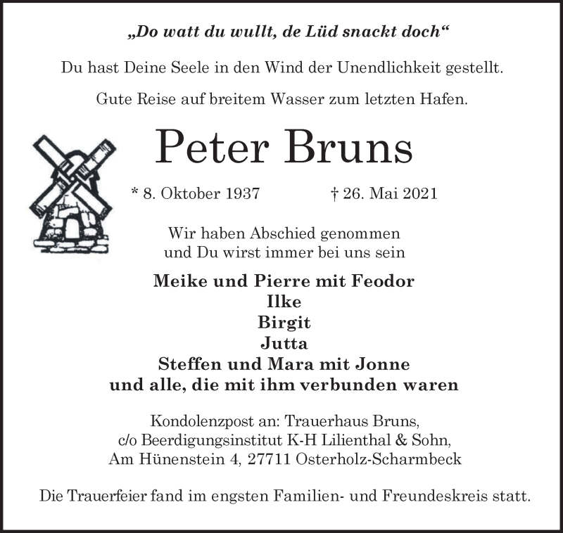  Traueranzeige für Peter Bruns vom 05.06.2021 aus Osterholzer Kreisblatt