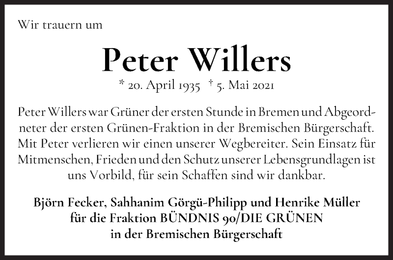  Traueranzeige für Peter Willers vom 05.06.2021 aus WESER-KURIER
