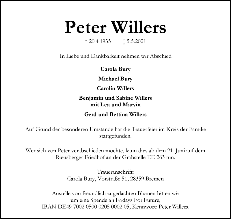  Traueranzeige für Peter Willers vom 05.06.2021 aus WESER-KURIER