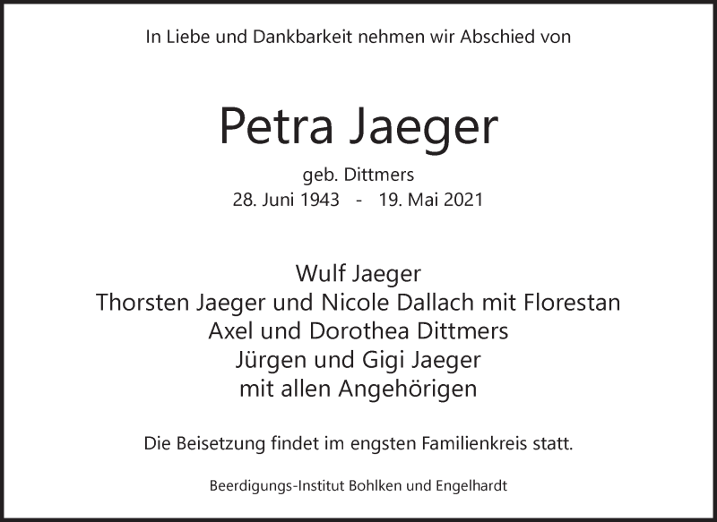 Traueranzeige von Petra Jaeger von WESER-KURIER