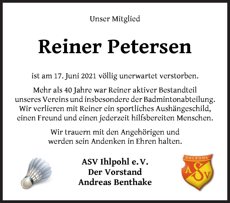  Traueranzeige für Reiner Petersen vom 23.06.2021 aus Die Norddeutsche