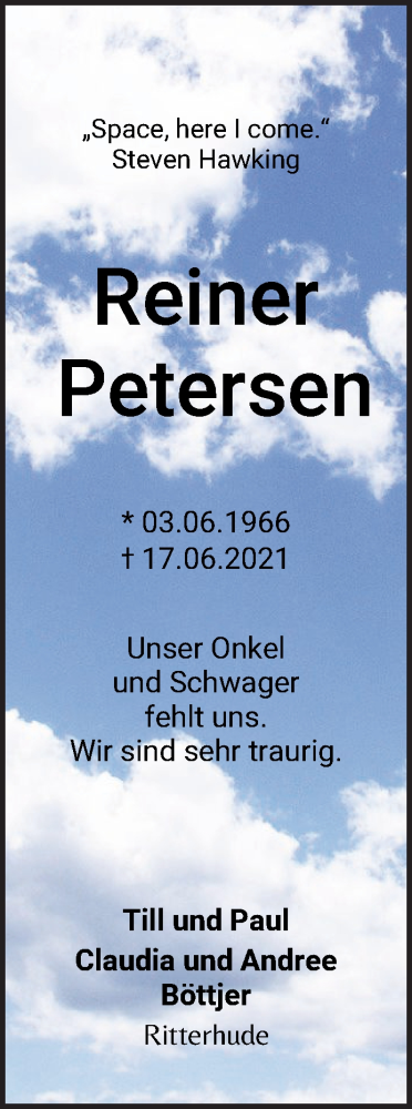  Traueranzeige für Reiner Petersen vom 23.06.2021 aus Osterholzer Kreisblatt