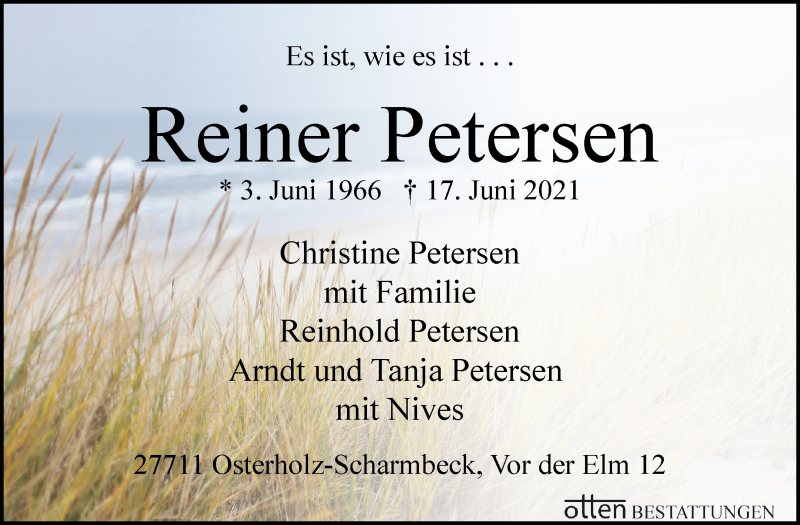  Traueranzeige für Reiner Petersen vom 23.06.2021 aus Osterholzer Kreisblatt