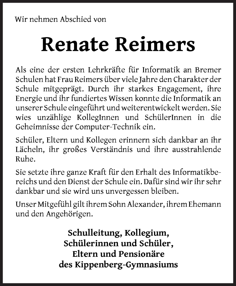  Traueranzeige für Renate Reimers vom 12.06.2021 aus WESER-KURIER
