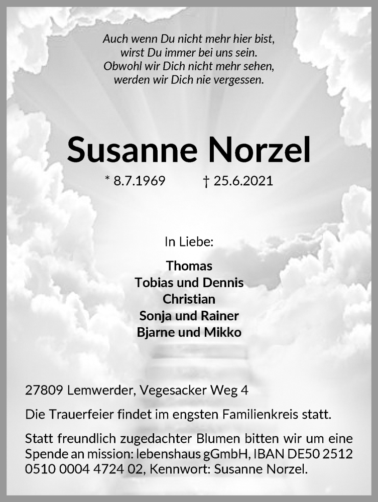  Traueranzeige für Susanne Norzel vom 30.06.2021 aus Die Norddeutsche