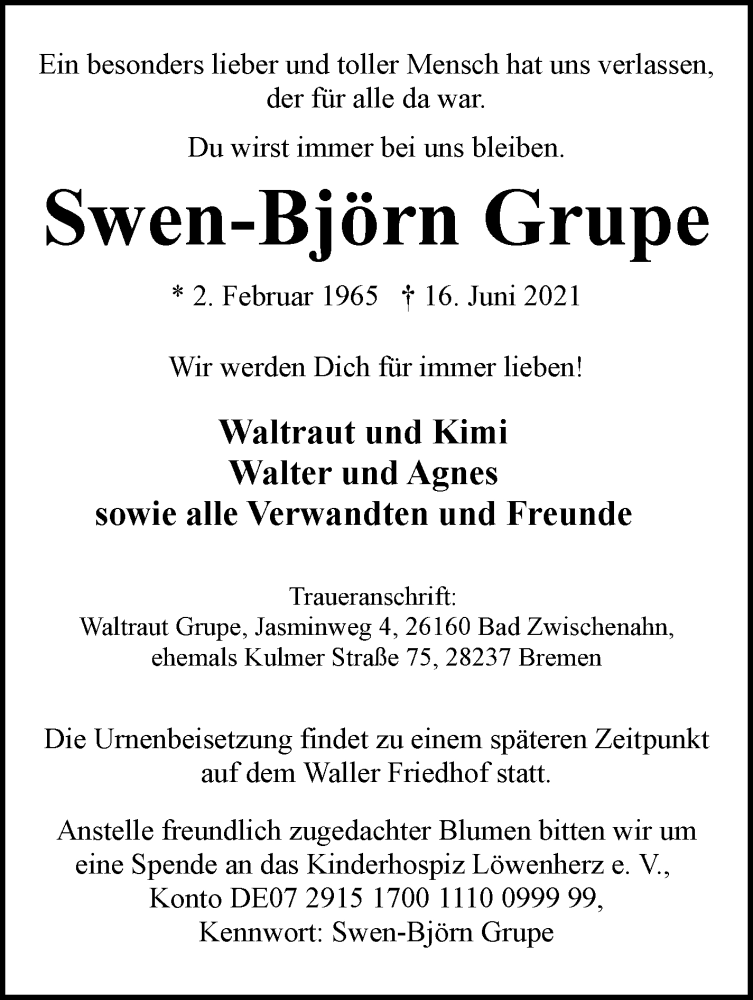  Traueranzeige für Swen-Björn Grupe vom 26.06.2021 aus WESER-KURIER