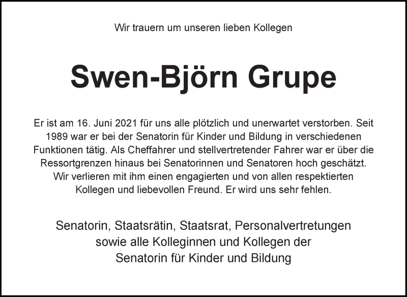  Traueranzeige für Swen-Björn Grupe vom 26.06.2021 aus WESER-KURIER