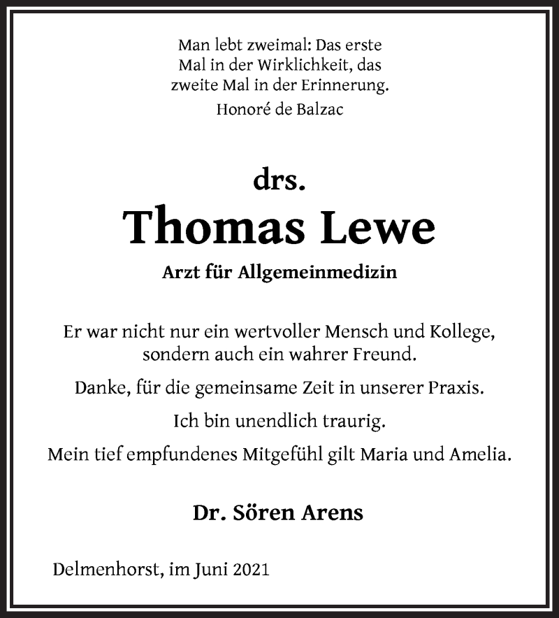  Traueranzeige für Thomas Lewe vom 12.06.2021 aus Delmenhorster Kurier