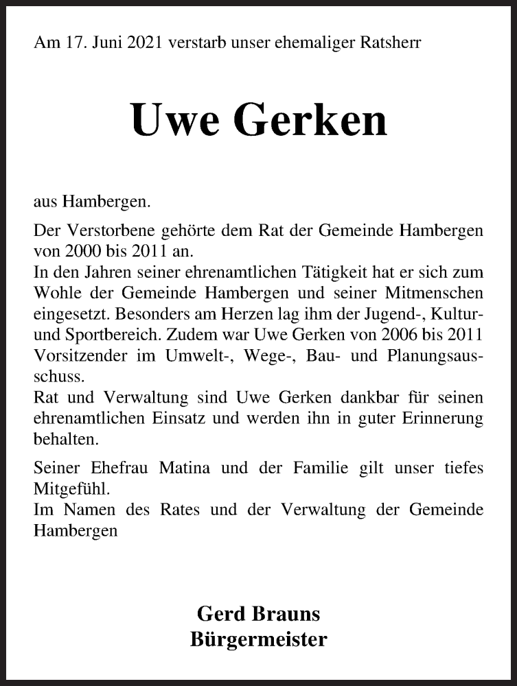 Traueranzeige für Uwe Gerken vom 24.06.2021 aus Osterholzer Kreisblatt