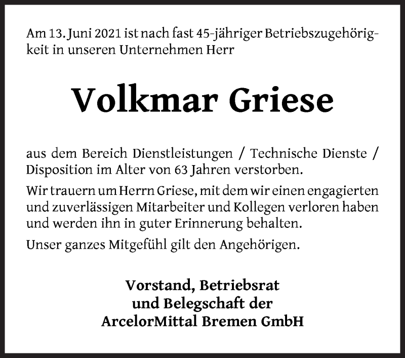  Traueranzeige für Volkmar Griese vom 19.06.2021 aus WESER-KURIER