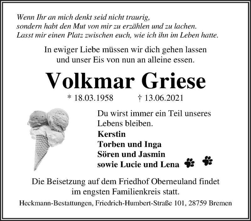  Traueranzeige für Volkmar Griese vom 18.06.2021 aus WESER-KURIER