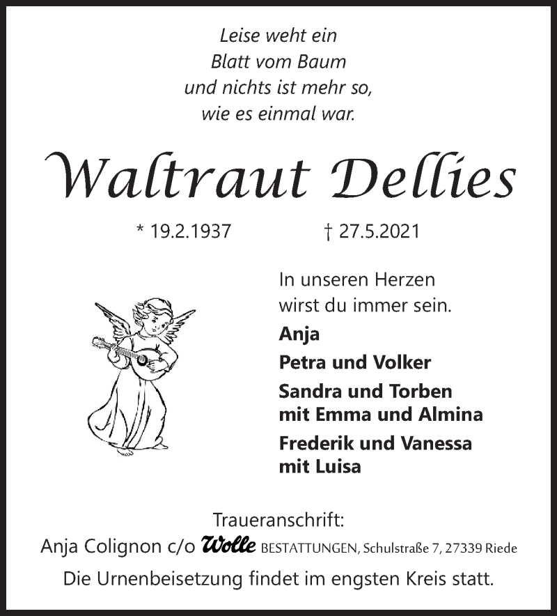 Traueranzeige von Waltraut Dellies von WESER-KURIER