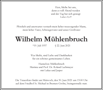 Traueranzeige von Wilhelm Mühlenbruch