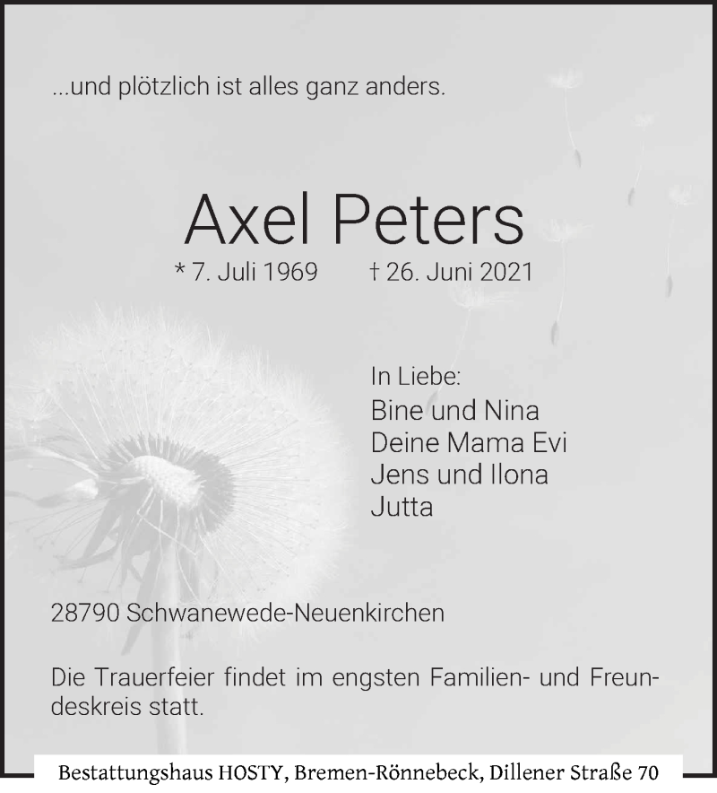 Traueranzeige von Axel Peters 