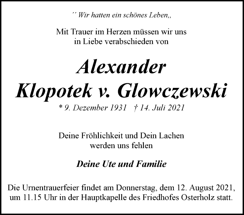 Traueranzeige von Alexander Klopotek v. Glowczewski von WESER-KURIER