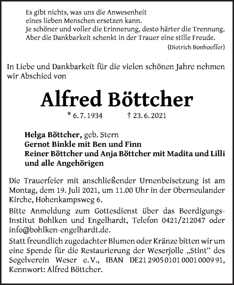  Traueranzeige für Alfred Böttcher vom 03.07.2021 aus WESER-KURIER