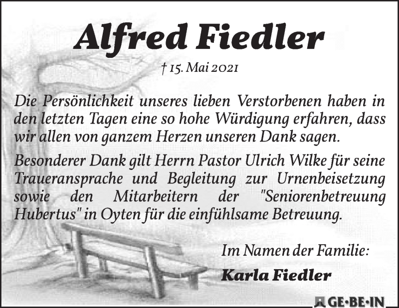 Traueranzeige von Alfred Fiedler von WESER-KURIER
