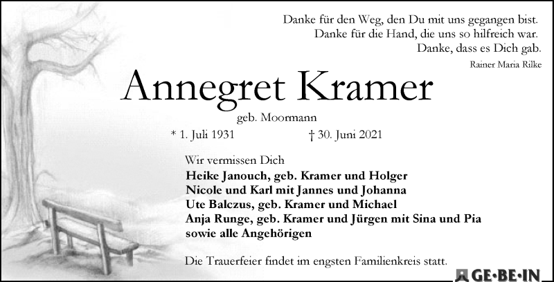  Traueranzeige für Annegret Kramer vom 10.07.2021 aus WESER-KURIER