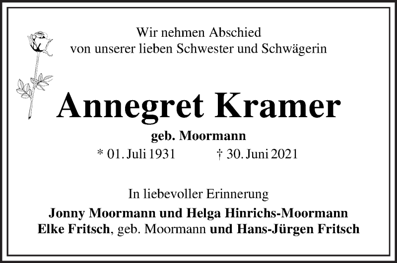  Traueranzeige für Annegret Kramer vom 17.07.2021 aus WESER-KURIER