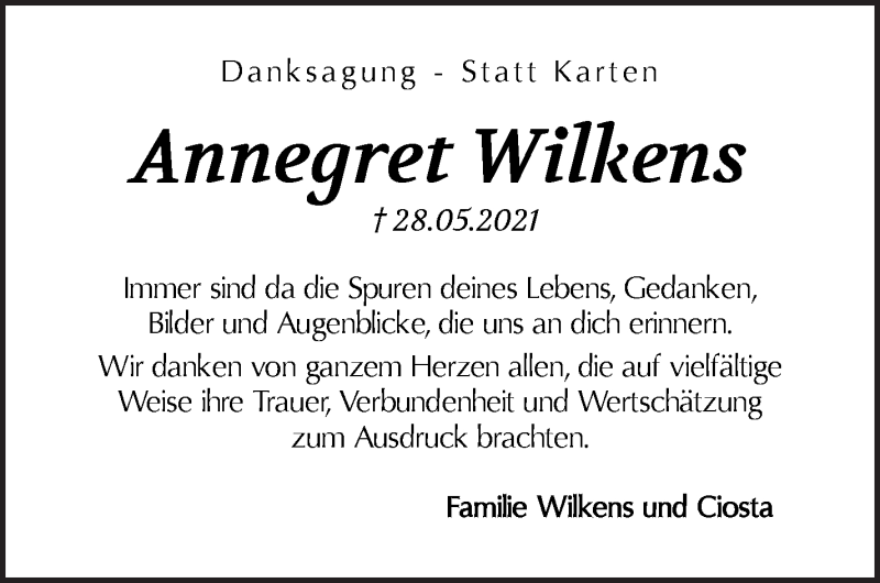 Traueranzeige von Annegret Wilkens von WESER-KURIER