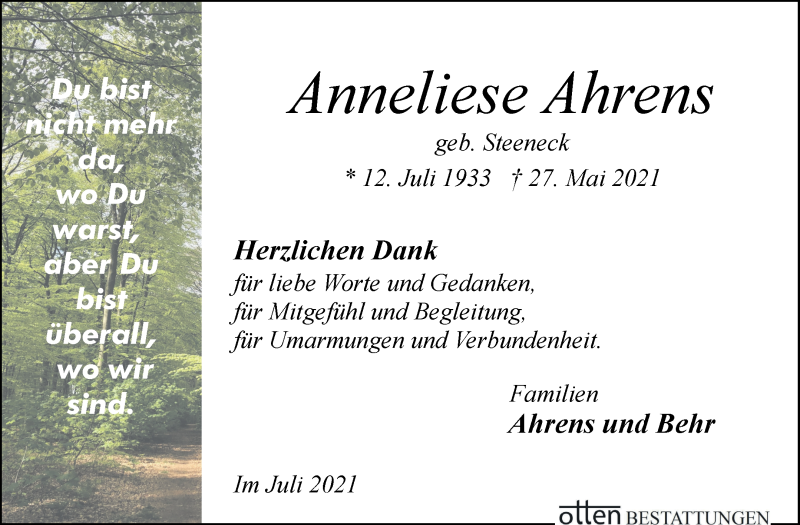 Traueranzeige von Anneliese Ahrens von Osterholzer Kreisblatt