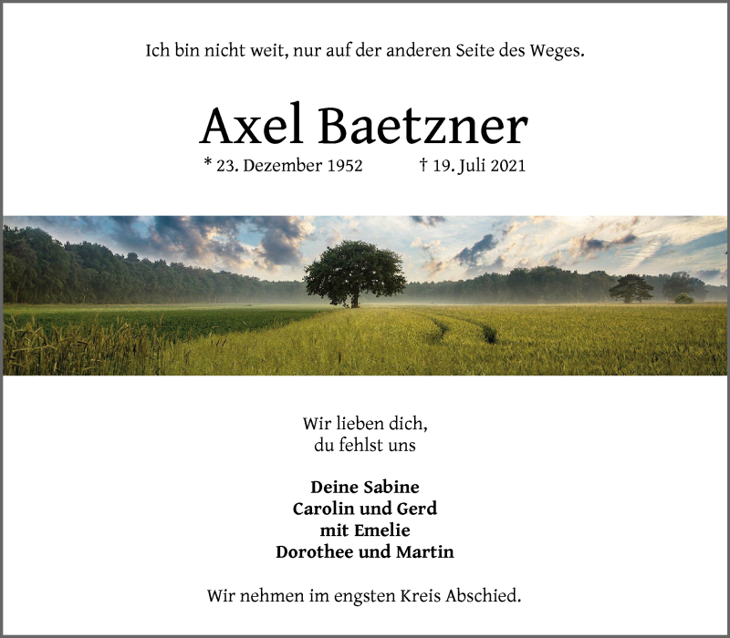  Traueranzeige für Axel Baetzner vom 27.07.2021 aus WESER-KURIER