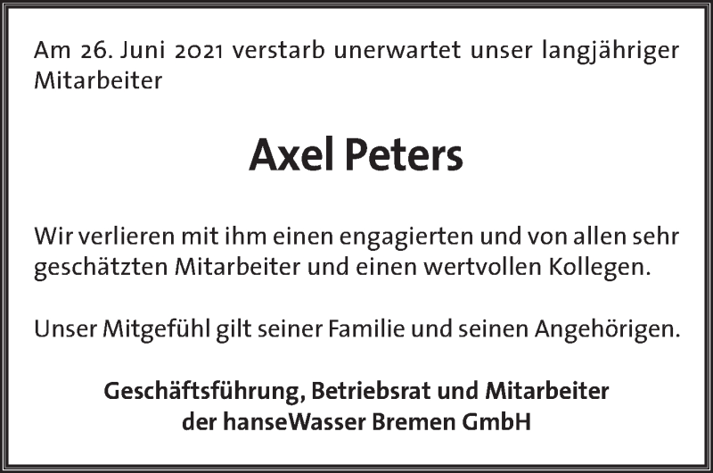 Traueranzeige von Axel Peters von Die Norddeutsche