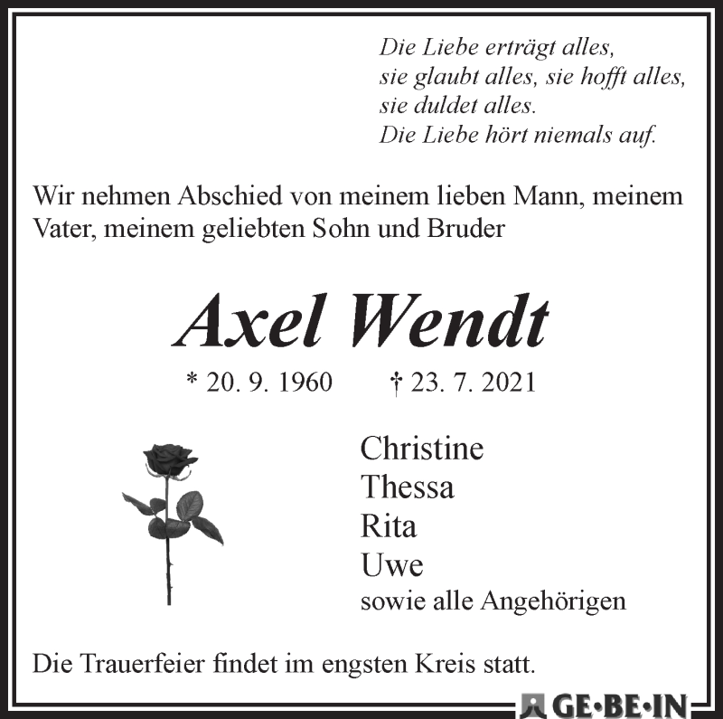  Traueranzeige für Axel Wendt vom 31.07.2021 aus WESER-KURIER