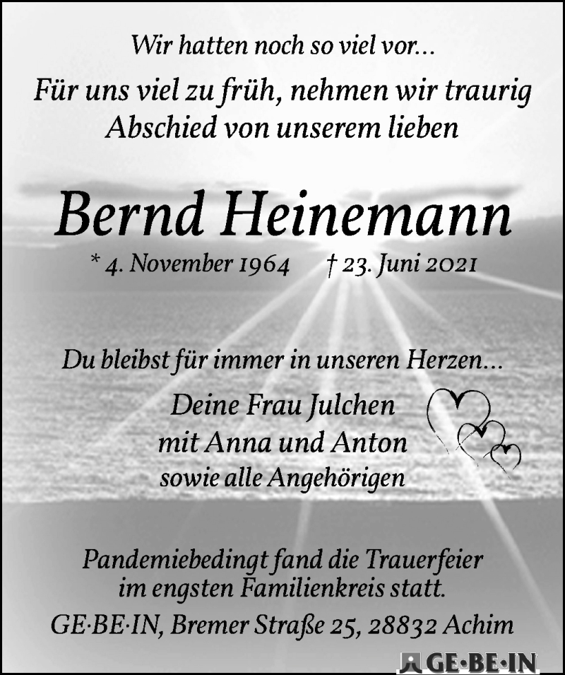  Traueranzeige für Bernd Heinemann vom 03.07.2021 aus WESER-KURIER
