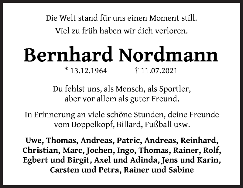  Traueranzeige für Bernhard Nordmann vom 24.07.2021 aus WESER-KURIER