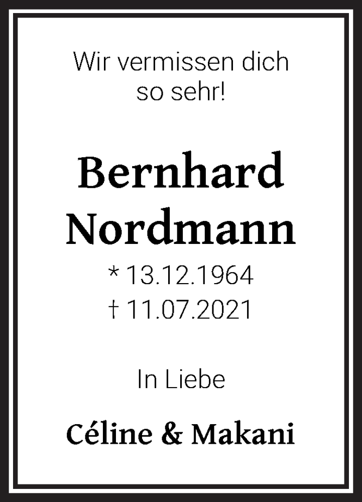 Traueranzeige für Bernhard Nordmann vom 24.07.2021 aus WESER-KURIER