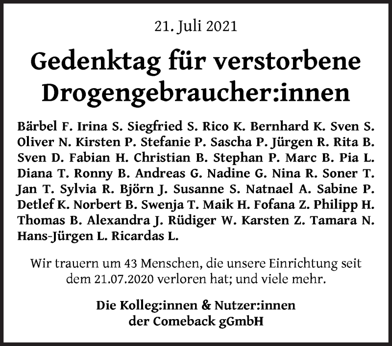  Traueranzeige für die Comeback gGmbH gedenkt vom 21.07.2021 aus WESER-KURIER