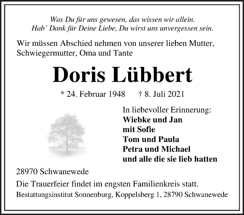  Traueranzeige für Doris Lübbert vom 14.07.2021 aus Osterholzer Kreisblatt