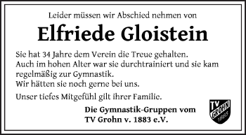 Traueranzeige von Elfriede Gloistein