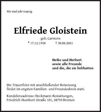 Traueranzeige von Elfriede Gloistein